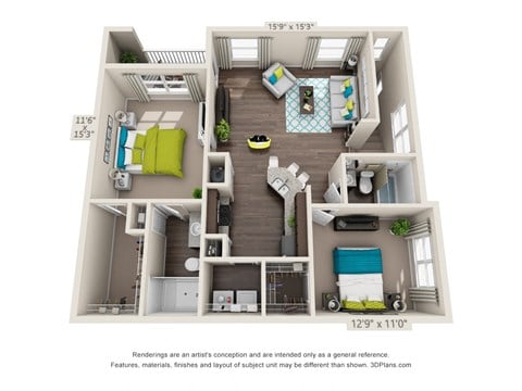 Floor plan for 2 beds, 2 baths, 1059 sqft